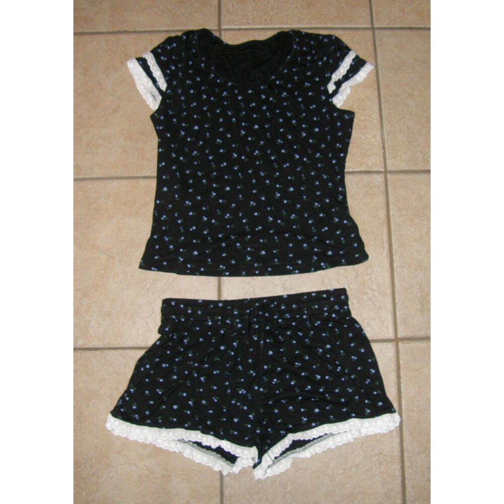 NEW Girls Sz XL Black Floral Shorts & Shirt 2 Pc Stretchy Lounge Pajama Set DAZY